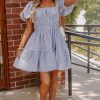 Women's Sky Blue Stripe Bubble Sleeve Square Neck Ruched Pocketed Babydoll Dress - Image 14