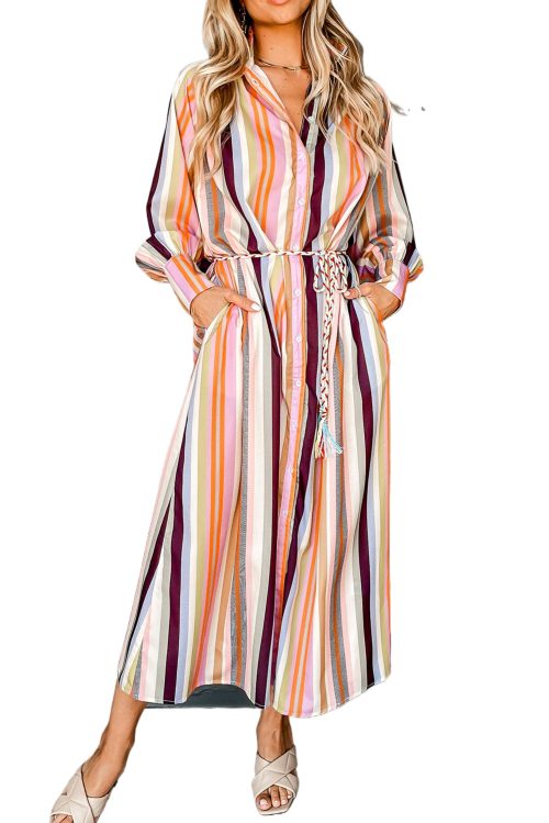 Women's White Multicolor Striped Cuffed Sleeve Tassel Tied Maxi Dress