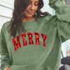 Women's Grass Green MERRY Letter Printed Corded Baggy Sweatshirt for Christmas - Image 5