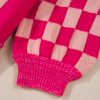 Women's Rose Red Mixed Checkered Pattern Drop Shoulder Sweater - Image 11