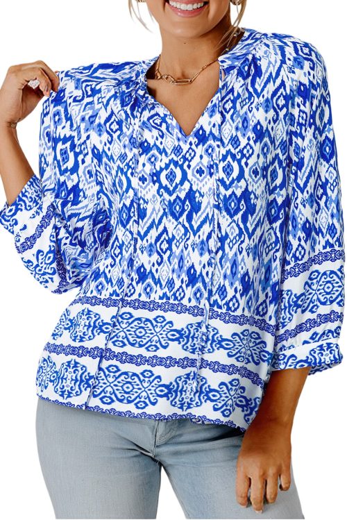 Blue Boho Chic Women's 3/4 Sleeve Tied Neck Blouse