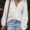 Elegant White Eyelet Embroidered Puff Sleeve V Neck Blouse for Women - Image 6