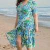 Plus Size Green Leaves Print Short Sleeve Surplice Neck Maxi Dress with Ruffled Trim - Image 4