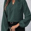 Women's Elegant Green Geometric Print Puff Sleeve Blouse with Notched Neck - Image 5