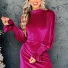 Rose Red Velvet Smocked Mock Neck Ruffled Puff Sleeve Mini Dress - Image 3