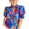 Women's Blue Abstract Print Frilled Collar Ruffled Puff Short Sleeve Top - Image 13
