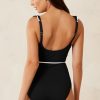 Women's Elegant Black Color Contrast Ruffled Wrap V Neck One-Piece Swimsuit - Image 11