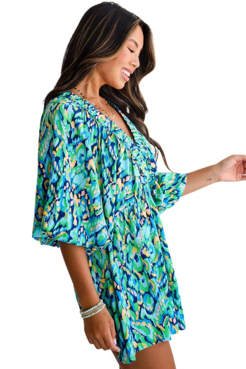 Chic Green Abstract Print Puff Sleeve V Neck High Waist Romper for Women