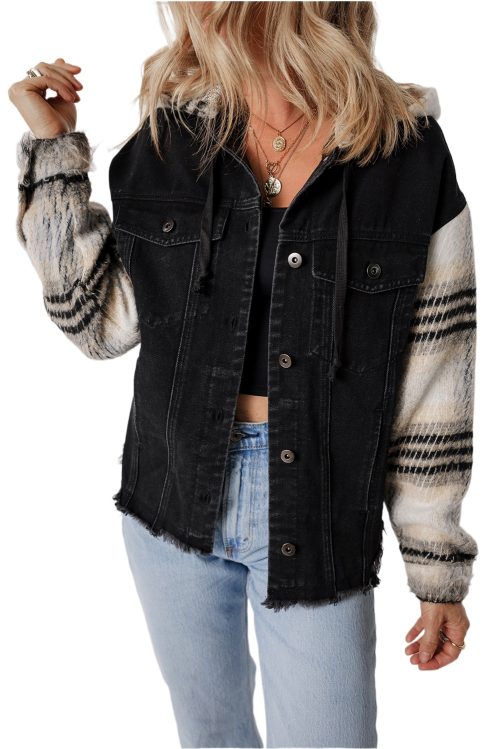 Women's Black Plaid Sleeve Hooded Denim Jacket - Stylish Fall Outerwear