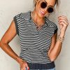 Women's Gray Stripe Sleeveless V Neck Sweater Vest with Pockets - Image 5