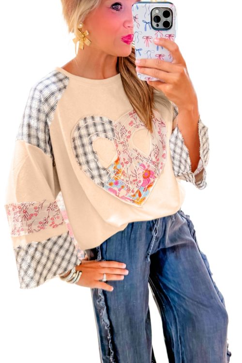 Women's Beige Plaid Floral Peace Heart Graphic Long Sleeve Top