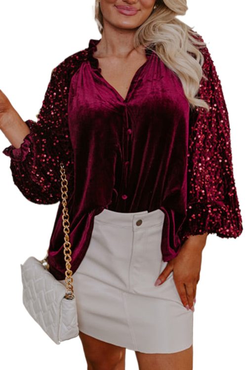 Women's Red Velvet Top with Sequin Patchwork Sleeves - Button Up Style