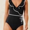 Women's Elegant Black Color Contrast Ruffled Wrap V Neck One-Piece Swimsuit - Image 10