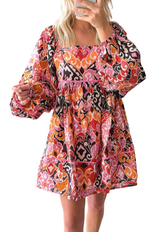 Women's Pink Bohemian Square Neck Puff Sleeve Mini Dress - Flowy Fit for Everyday & Special Occasions