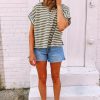 Women's Green Stripe Textured Crew Neck T-Shirt with Side Slits - Image 3