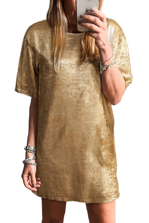 Women's Gold Metallic Luster Crewneck Mini T-Shirt Dress - Chic Casual Style