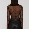 Women's Black Sheer Mesh Long Sleeve Top with Charming Bow Pattern - Image 2