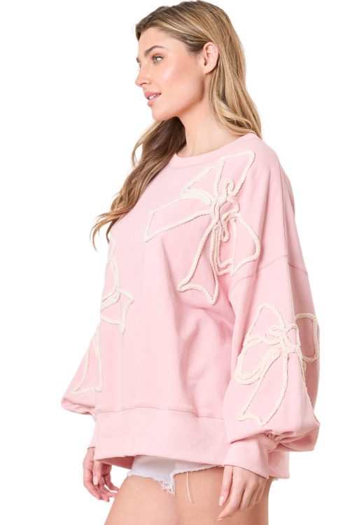 Women's Light Pink Bow Thread Embroidery Long Sleeve Sweatshirt