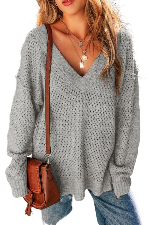 Women's Light Grey Loose Fit Eyelet V Neck Drop Shoulder Sweater