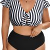 Plus Size Black Stripe 2-Piece Knot Cutout Ruffle Sleeve Swimsuit - Image 19