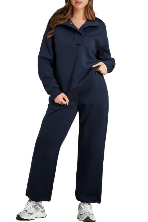 Women's Navy Blue Solid Color Active Set - Collared Sweatshirt and High Waist Pants