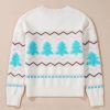 Women's White Striped Christmas Tree Drop Shoulder Sweater with Ribbed Trim - Image 9