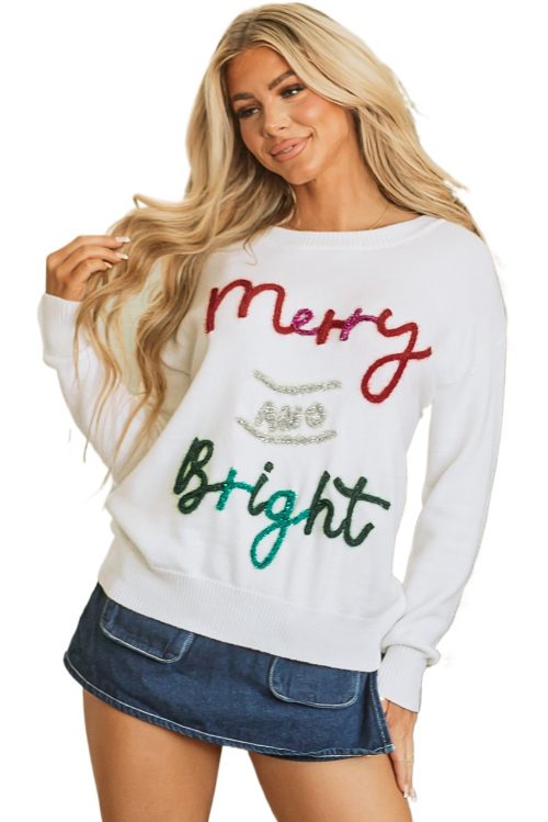 Women's White Tinsel Merry and Bright Graphic Christmas Sweater