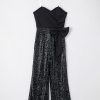 Women's Black Sequined Tube Top Wide Leg Jumpsuit with Waist Knot - Image 8