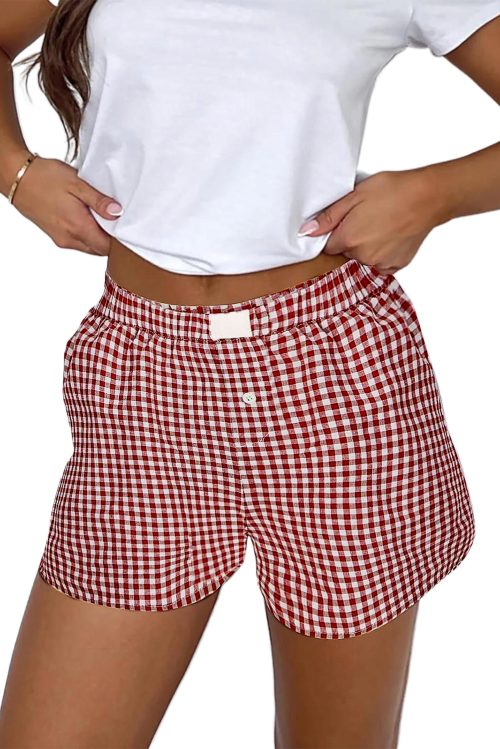 Women's Red Plaid Gingham High Waist Shorts with Elasticated Waistband