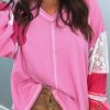 Women's Bonbon Lace Floral Patchwork Sleeve V Neck Rib Knit Blouse - Image 2