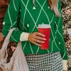 Women's Dark Green Diamond Pattern High Neck Christmas Sweater with Pom Accents - Image 18