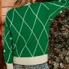 Women's Dark Green Diamond Pattern High Neck Christmas Sweater with Pom Accents - Image 19