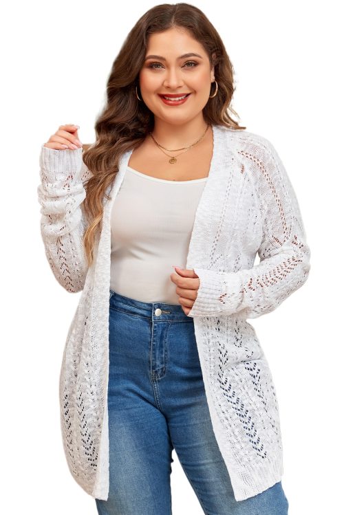 Women's Plus Size White Eyelet Knit Open Front Cardigan