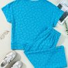 Women's Blue Leopard Jacquard Short Sleeve Top and Wide Leg Pants Set - Image 5