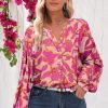 Women's Pink Floral Print Batwing Sleeve Buttoned Loose Fit Shirt - Image 5