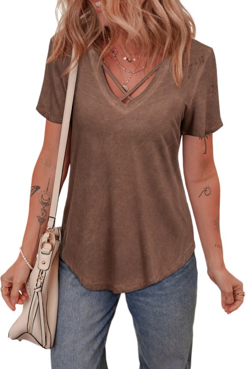 Women's Chestnut Criss Cross V Neck Casual T-Shirt with Unique Mineral Wash