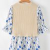 Women's Beige Waffle Floral Patchwork Peplum Blouse with Flounce Sleeves - Image 4