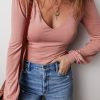 Women's Fushia Plain V Neck Long Sleeve Casual Bodysuit - Image 2