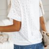 Women's Elegant White Eyelet Pattern Boat Neck Casual Tee - Image 2