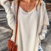 Women's Oversized White Waffle Knit Exposed Seam V Neck Top - Image 7