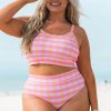 Stylish Pink Plus Size Plaid Print High Waist Bikini Set for Beach Days - Image 13