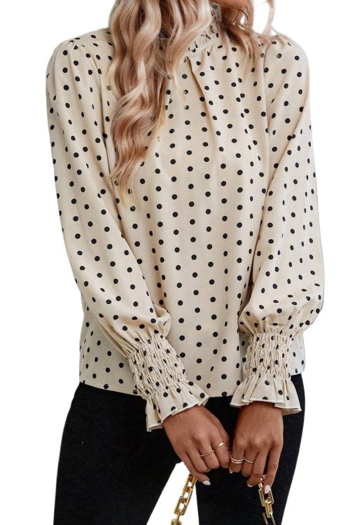 Women's Elegant Apricot Polka Dot Print Blouse with Frilled Collar and Lantern Sleeves