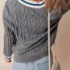 Women's Medium Grey Color Contrast Ribbed Edge Cable Knit V Neck Sweater - Image 5