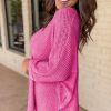 Women's Rose Red Waffle Knit V Neck Loose Fit Top with Side Slits - Image 3