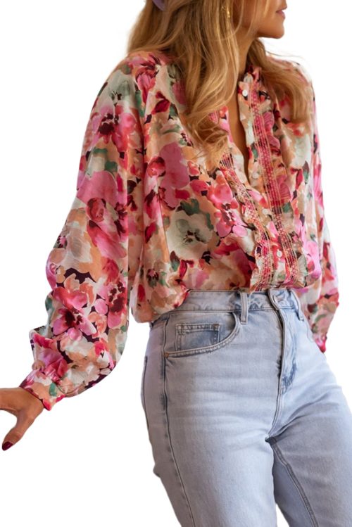 Women's Red Floral Print Ruffled Stitch Loose Fit Shirt