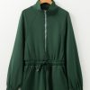 Women's Blackish Green Collared Half Zip French Terry Knit Casual Romper - Image 3