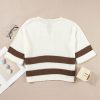 Women's Brown Striped Accent Notched V Neck Cropped Sweater T-Shirt - Image 6