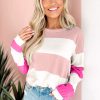 Light Pink Colorblock Striped Drop Shoulder Long Sleeve Top - Image 4