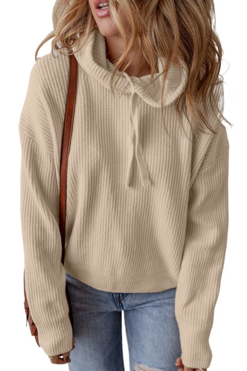 Women's Beige Solid Color Drawstring Hooded Drop Shoulder Pullover Sweater for Ultimate Comfort