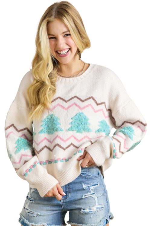 Women's White Striped Christmas Tree Drop Shoulder Sweater with Ribbed Trim